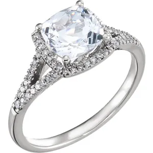 14K White Gold 7mm Cushion Cut Created White Sapphire & Diamond Halo Ring