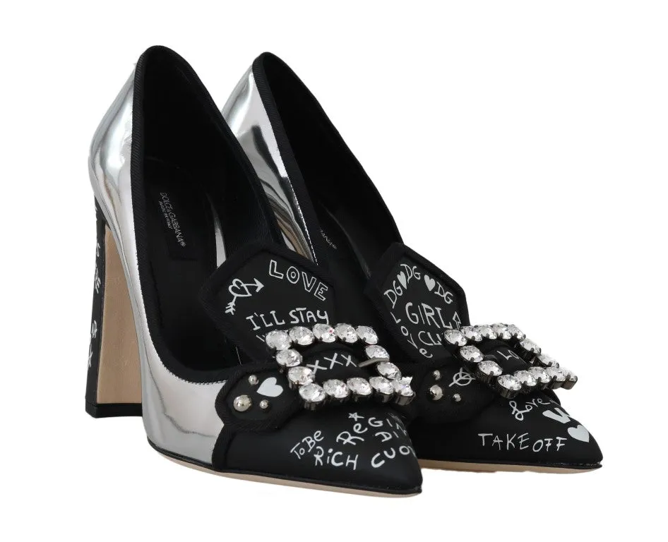 Black Silver Leather Crystal Pumps