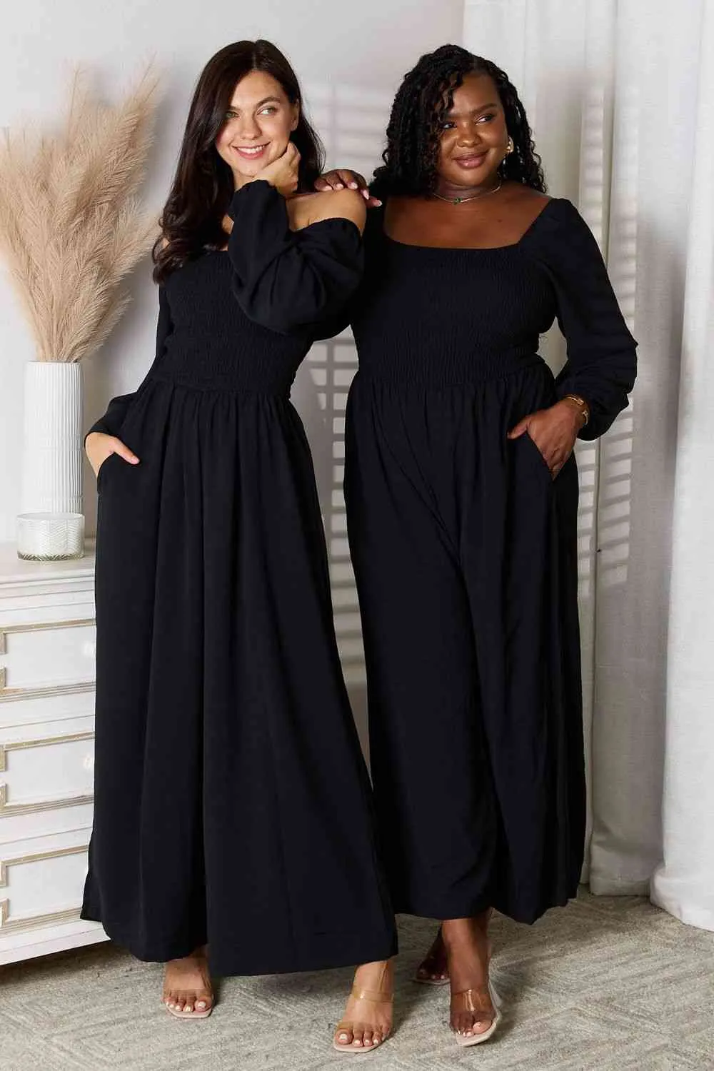 Black Square Neck Jumpsuit with Pockets