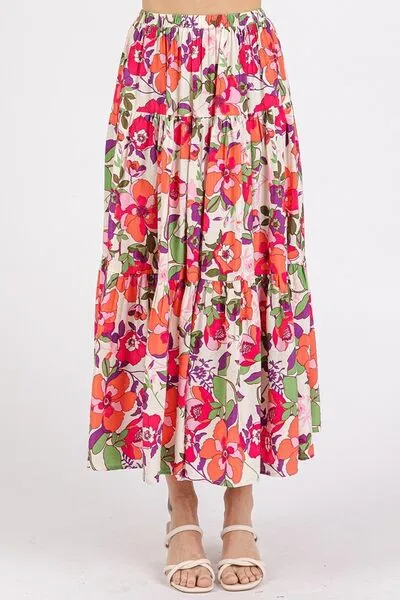 Coral Color Flower Print Elastic Waist Tiered Skirt