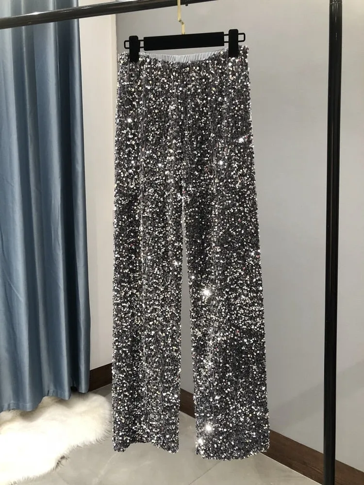 Fashionable Trendy Sparkling Pants Wide-Legged Sequins
