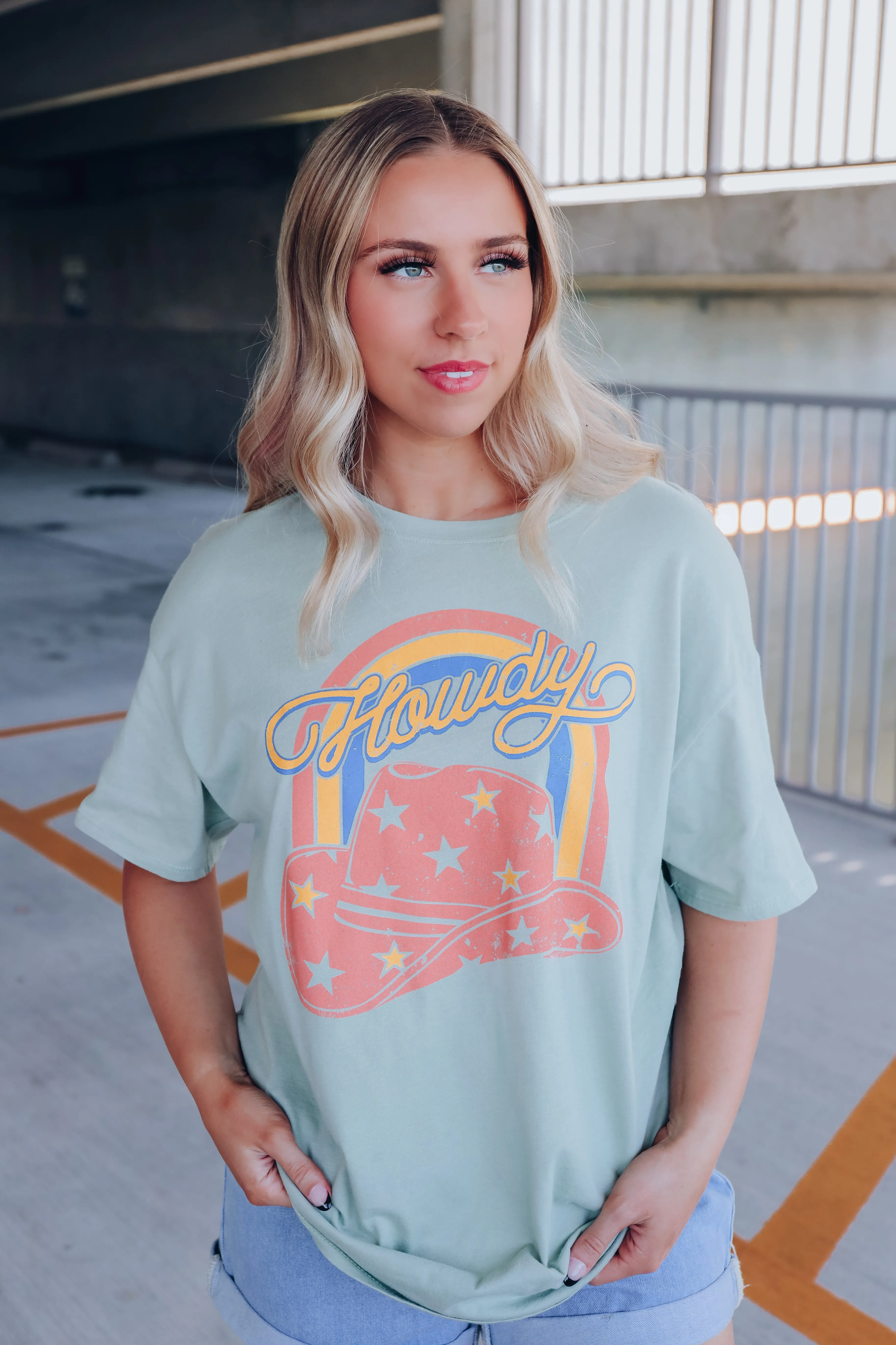 Howdy Cowboy Hat Graphic Tee - Sage - Final sale