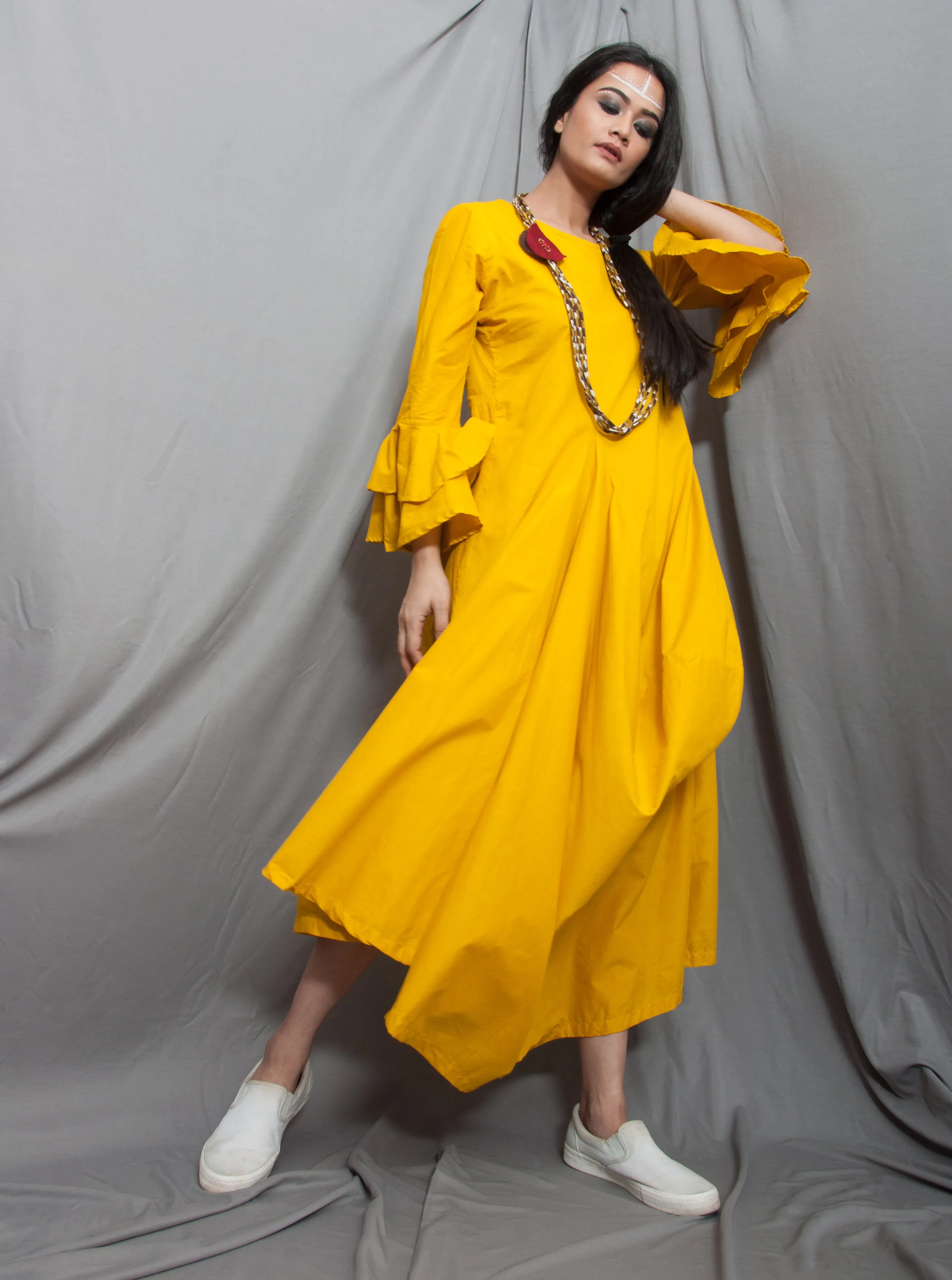 Marigold- Mustard Cowl Dress With Necklace & Bell Sleeves