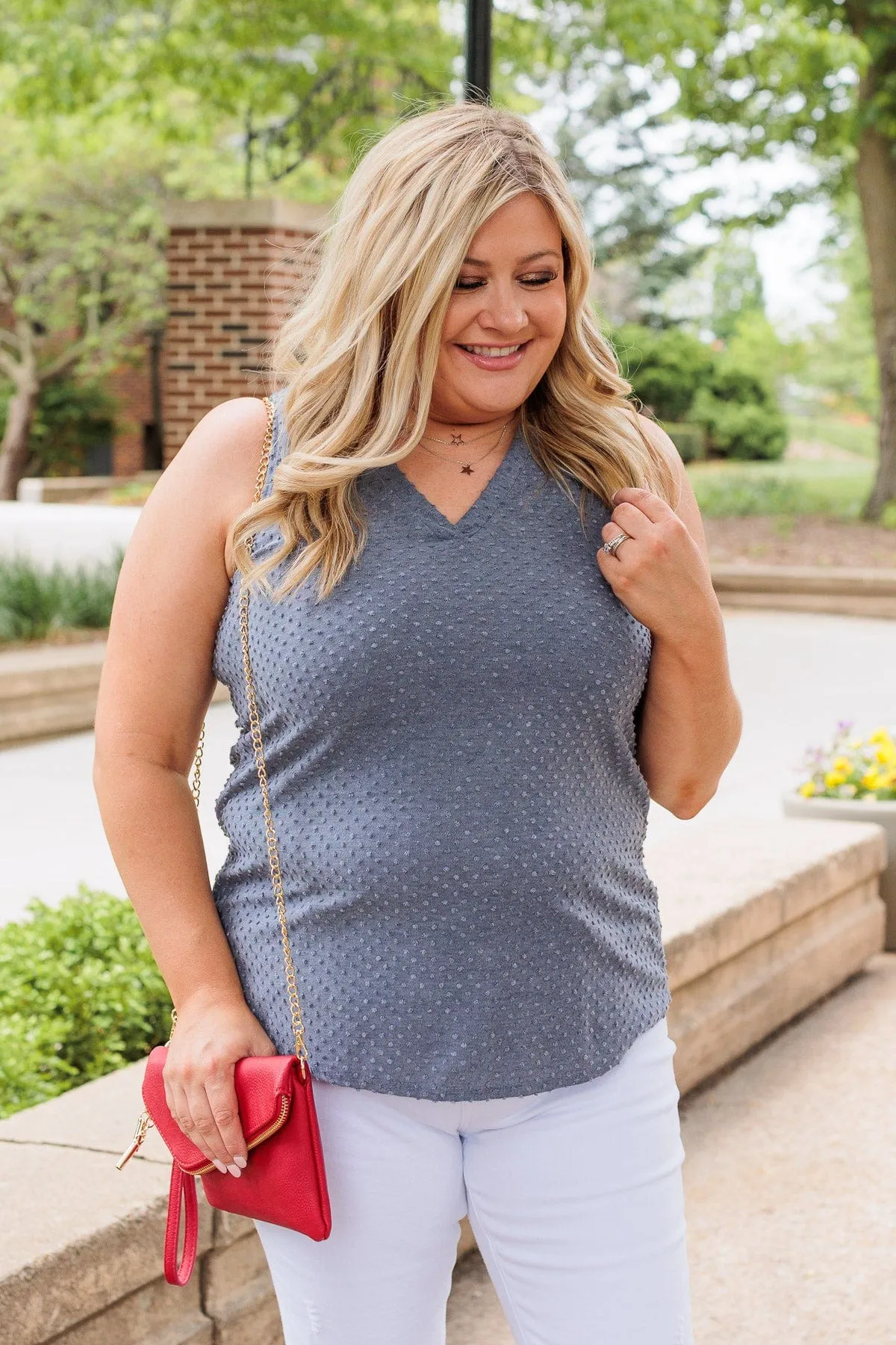 Owns My Heart V-Neck Tank Top- Denim