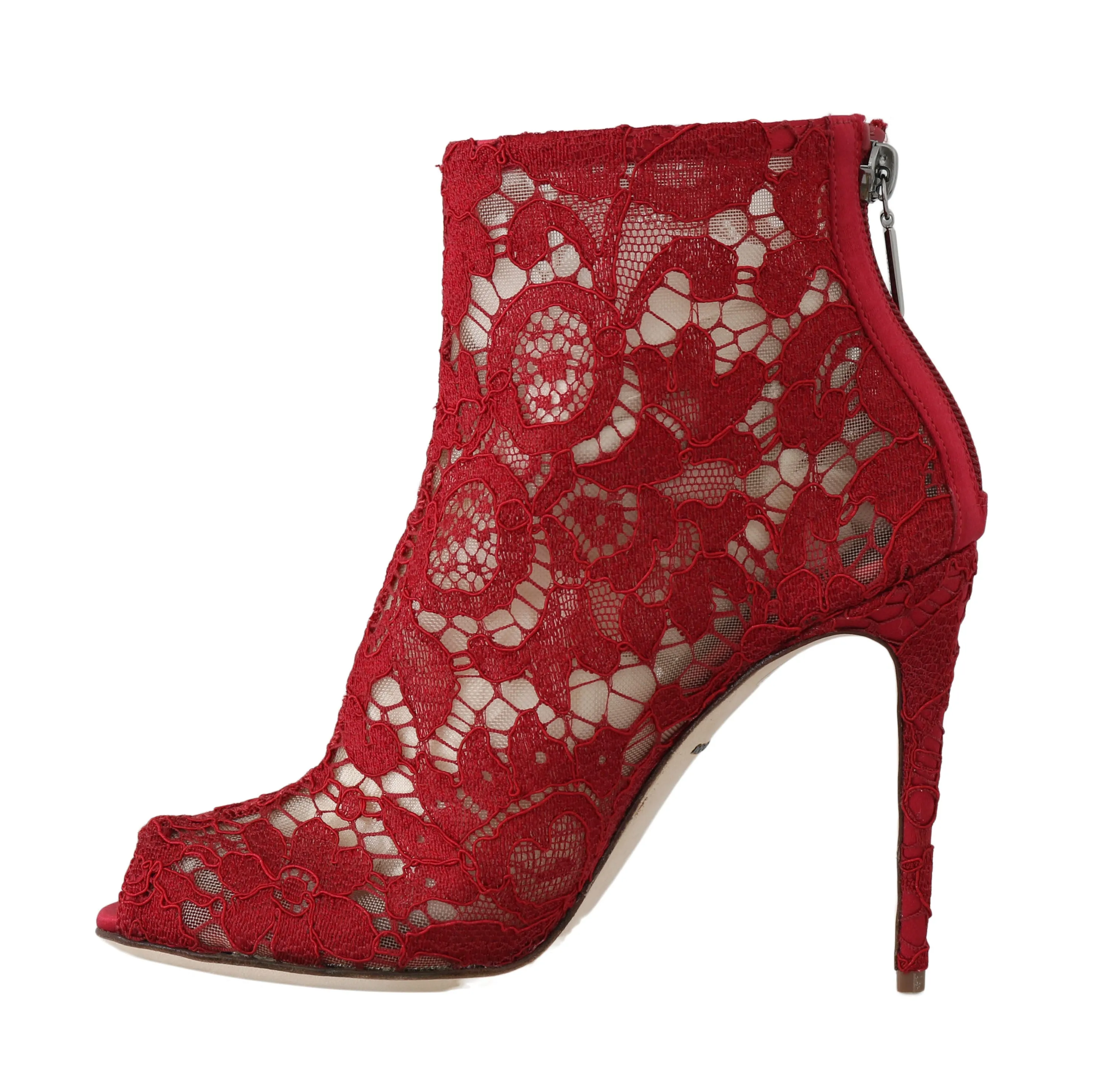 Red Leather Cotton Lace Ankle Booties