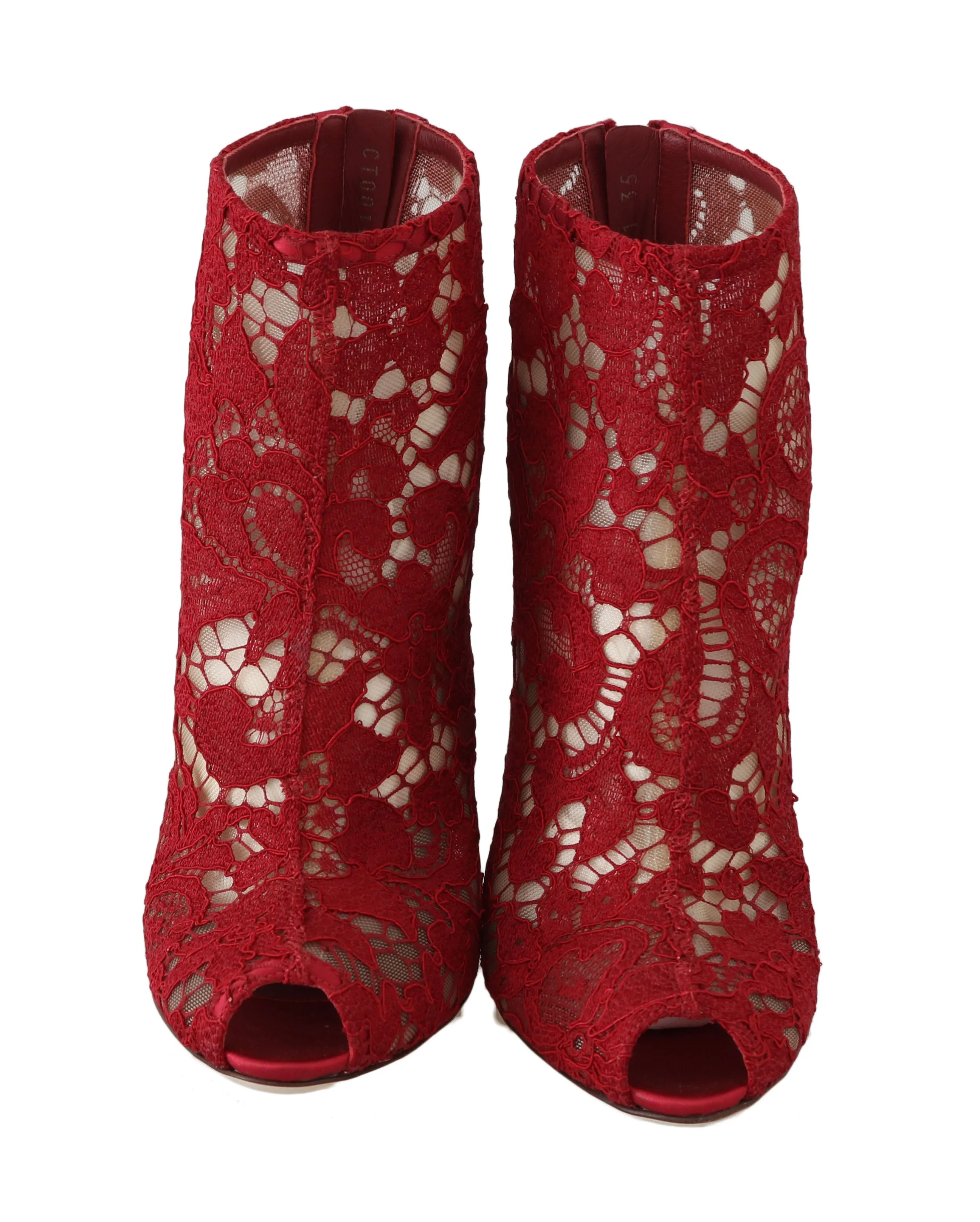 Red Leather Cotton Lace Ankle Booties