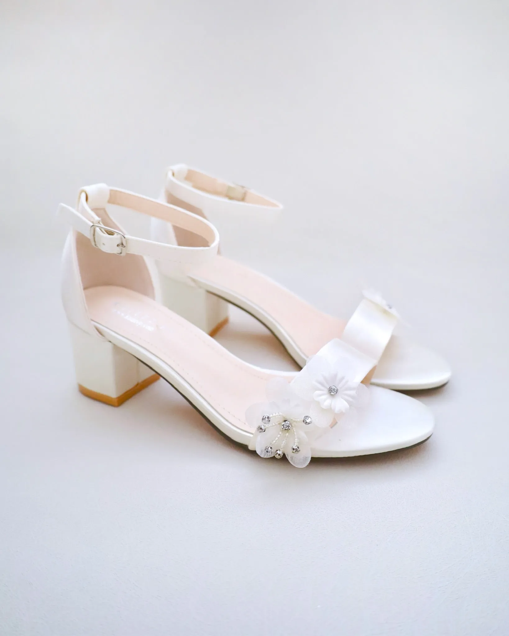 Satin Block Heel Wedding Sandals with Flower Appliques