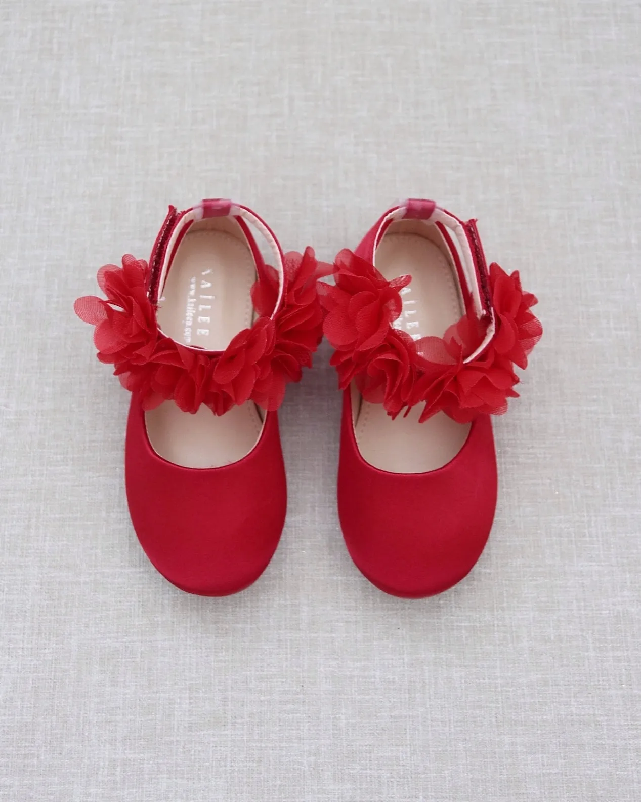 Satin Flats with Chiffon Flowers Ankle Strap