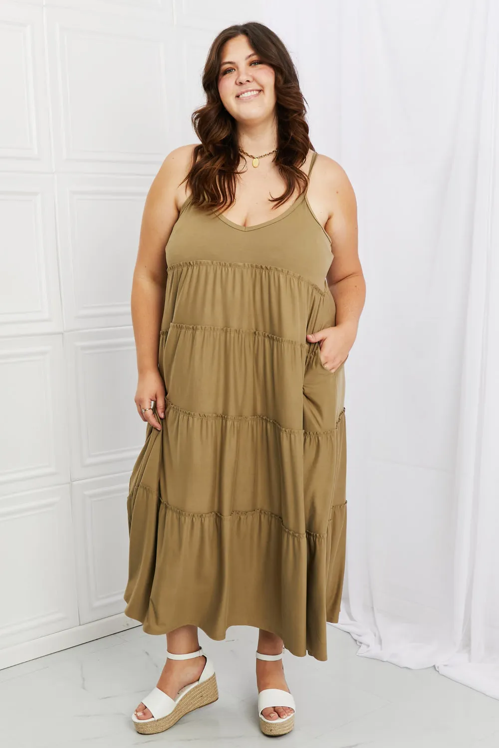 Tiered Dress with Pockets in Khaki