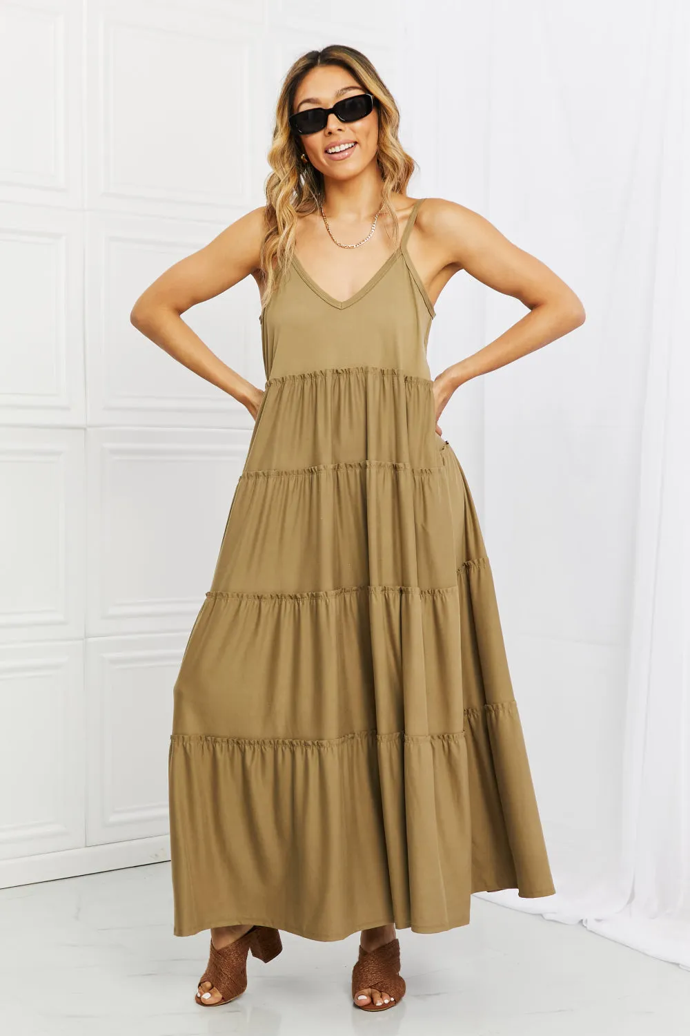 Tiered Dress with Pockets in Khaki